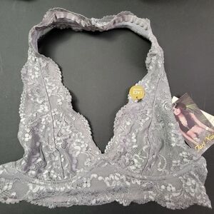 Tart Noir Floral Lace Mesh Scalloped Halter Bralette Grey Small